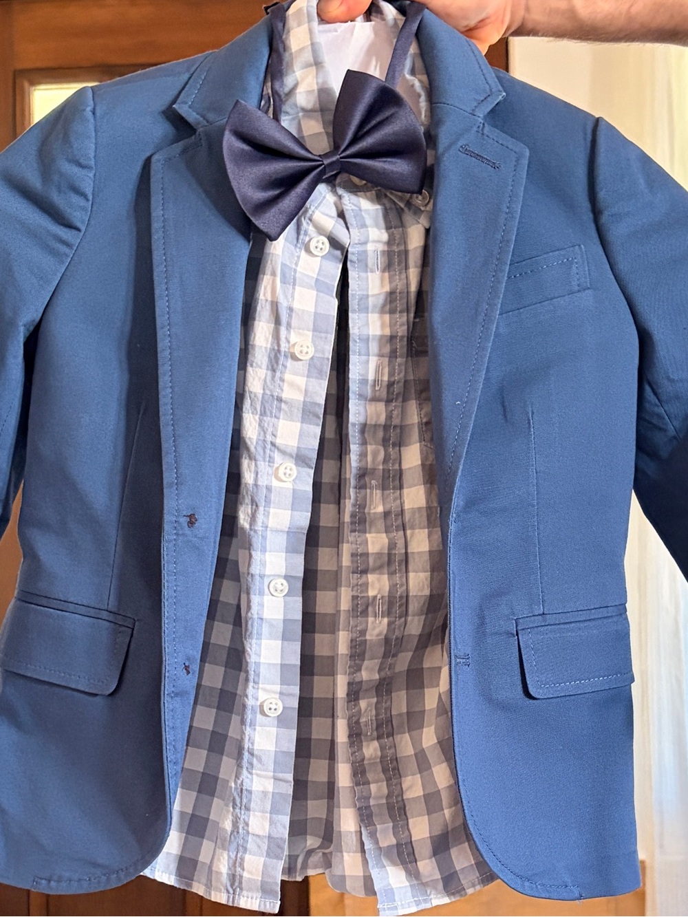 Crewcuts Blue Sport Coat, Checkered shirt with Navy Bow Tie